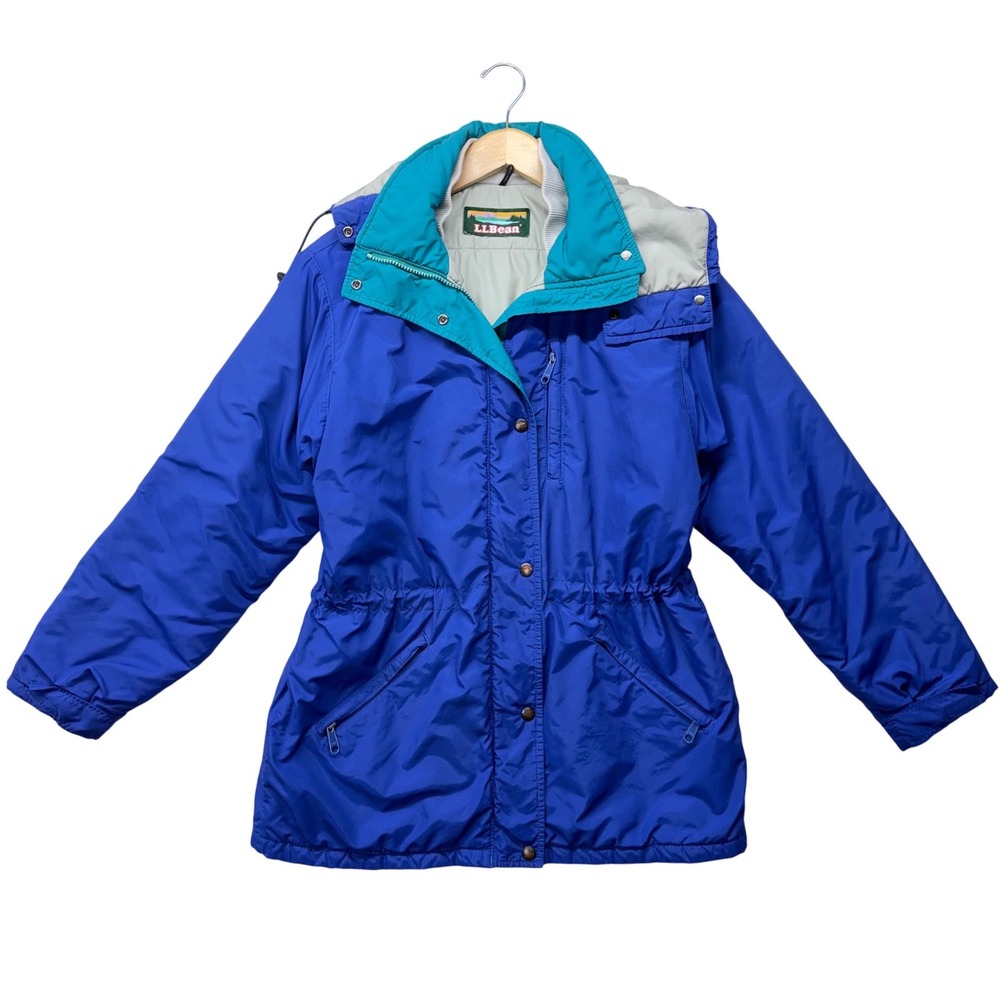 LL Bean Vintage Insulated Parka Jacket Blue Teal Detachable Hood Mens Large 90s